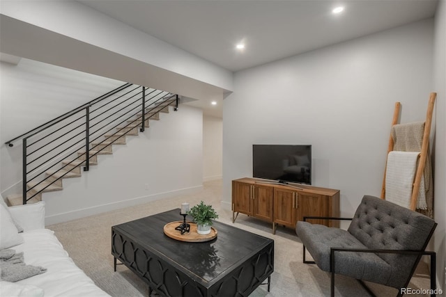 21 Washington Ave, Golden, CO 80403 - living room featuring stairs, recessed lighting, and light colored carpet