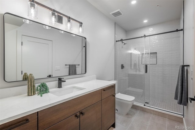21 Washington Ave, Golden, CO 80403 - full bathroom featuring vanity, a shower stall, recessed lighting, and tile patterned flooring