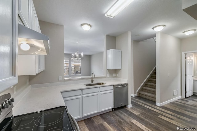 kitchen featuring appliances with stainless steel finishes, dark wood-type flooring, white cabinets, ventilation hood, and sink