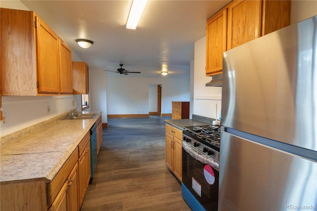 kitchen with appliances with stainless steel finishes, dark hardwood / wood-style floors, ceiling fan, and sink