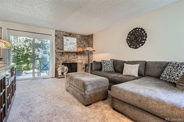 2853 S Xanadu Way, Aurora, CO 80014 - living area with a fireplace, light colored carpet, and a textured ceiling