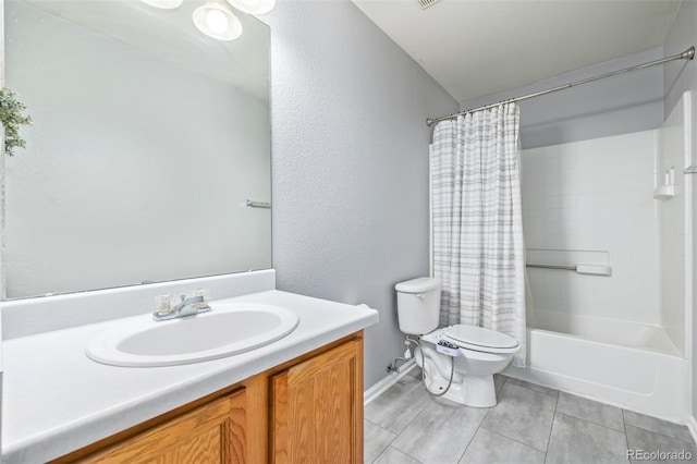 full bathroom with shower / bath combination with curtain, toilet, and vanity