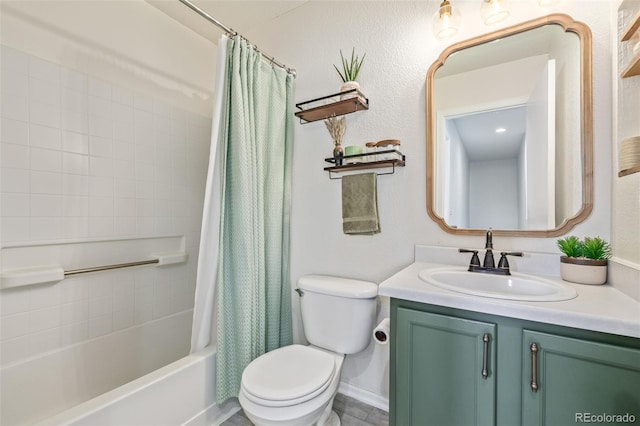 full bathroom with vanity, toilet, and shower / bathtub combination with curtain