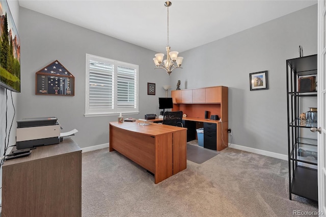 home office featuring an inviting chandelier and light colored carpet