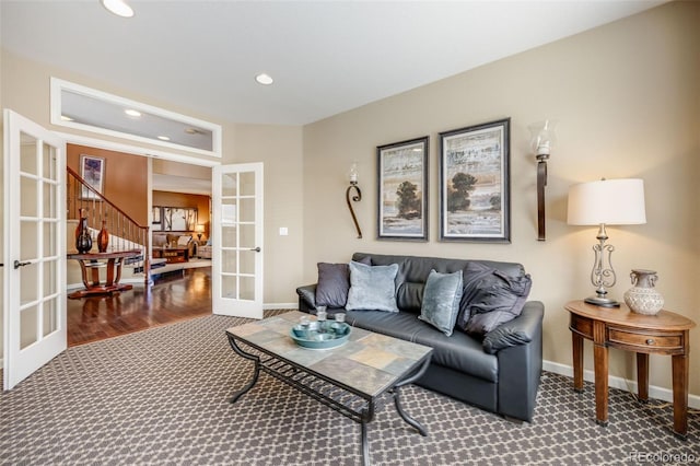 26764 E Canyon Ave, Aurora, CO 80016 - living area with french doors, carpet floors, baseboards, recessed lighting, and stairs