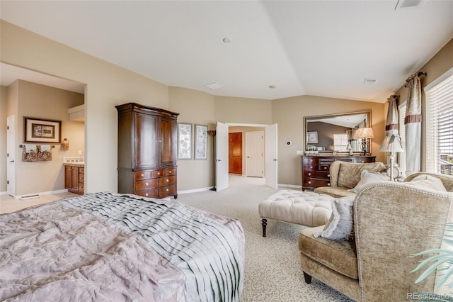 26764 E Canyon Ave, Aurora, CO 80016 - bedroom with light colored carpet, vaulted ceiling, and baseboards
