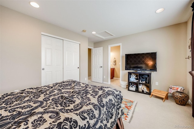 26764 E Canyon Ave, Aurora, CO 80016 - bedroom featuring attic access, carpet flooring, recessed lighting, a closet, and baseboards