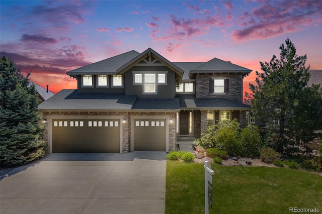 26764 E Canyon Ave, Aurora, CO 80016 - craftsman inspired home with stone siding, concrete driveway, a garage, a front yard, and roof with shingles