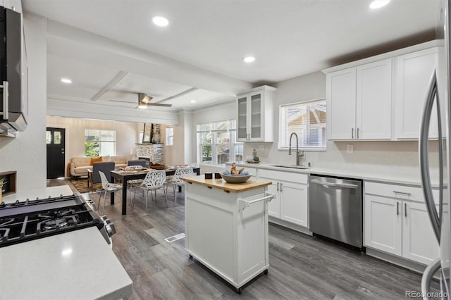 3929 Federal Blvd, Denver, CO 80211 - kitchen featuring appliances with stainless steel finishes, a sink, a ceiling fan, dark wood-style flooring, and a center island