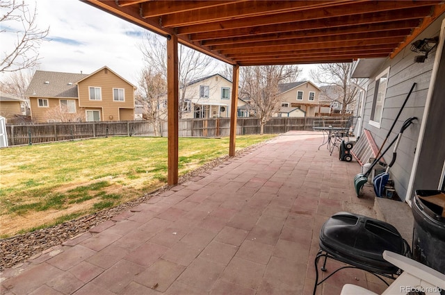 view of patio with a fenced backyard and a residential view