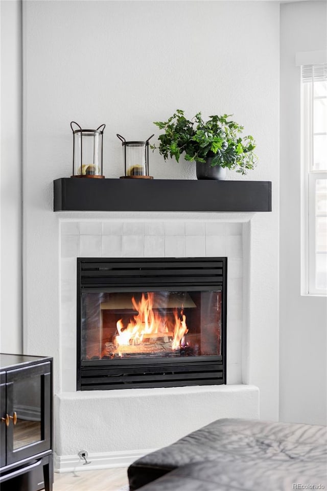 room details featuring a tiled fireplace and hardwood / wood-style floors