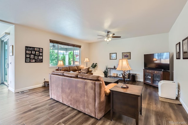 286 Western Sky Cir, Longmont, CO 80501 - living area featuring ceiling fan and wood finished floors