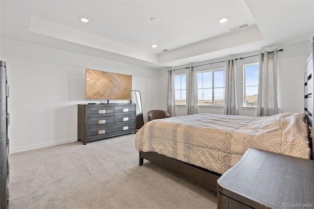 bedroom with baseboards, a raised ceiling, and carpet