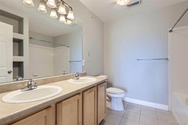 full bathroom featuring toilet, vanity, a notable chandelier, shower / bath combination, and tile patterned flooring