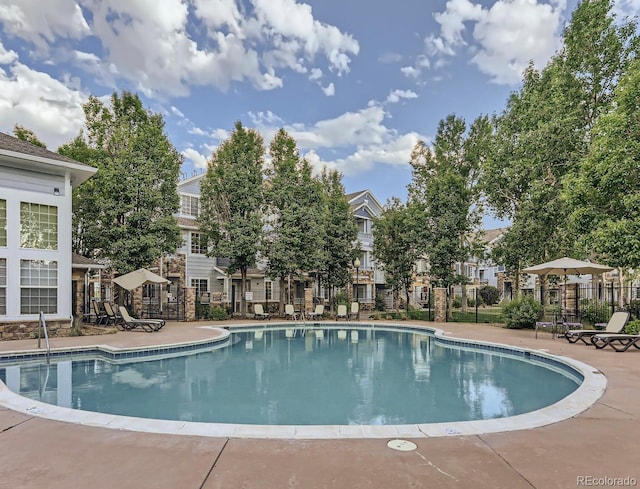 view of swimming pool with a patio area