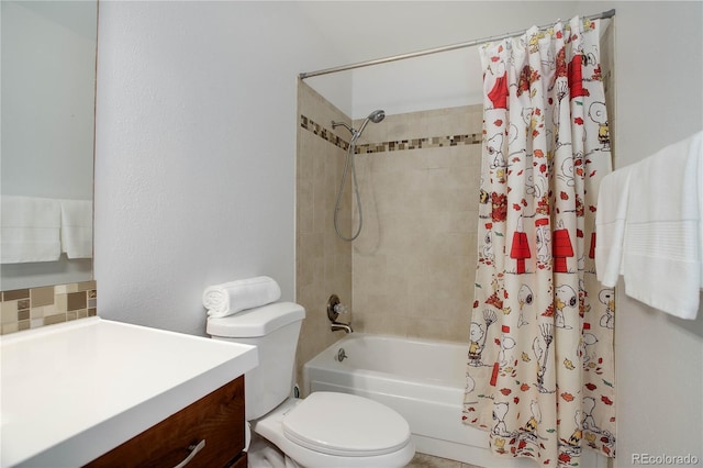 bathroom with vanity, shower / bath combination with curtain, toilet, and backsplash