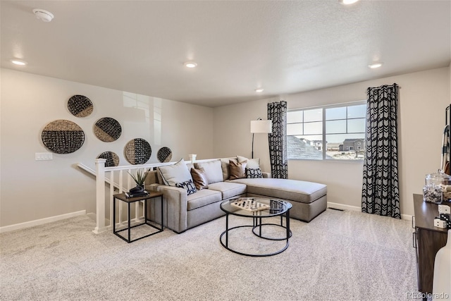 living room with light colored carpet