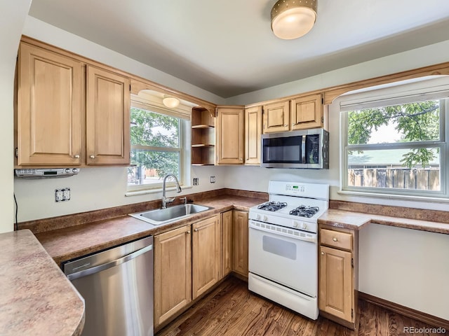 2102 S Pearl St, Denver, CO 80210 - kitchen featuring stainless steel appliances, dark wood-type flooring, light brown cabinetry, and open shelves