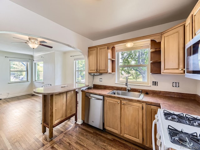 2102 S Pearl St, Denver, CO 80210 - kitchen featuring open shelves, stainless steel appliances, dark wood-type flooring, and ceiling fan
