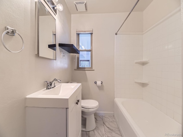 2102 S Pearl St, Denver, CO 80210 - full bathroom featuring vanity, marble finish floors, and bathtub / shower combination