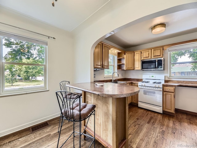 2102 S Pearl St, Denver, CO 80210 - kitchen featuring stainless steel microwave, white gas range oven, dark wood-style floors, and plenty of natural light