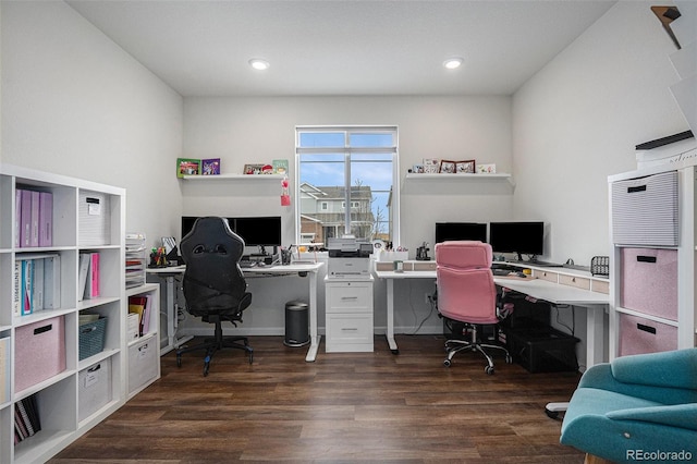 office space featuring dark wood-type flooring and recessed lighting