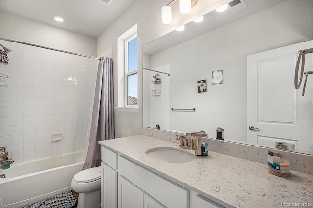 bathroom with visible vents, shower / bath combo, vanity, toilet, and recessed lighting