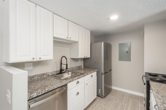 18071 E Kentucky Ave Unit 203, Aurora, CO 80017 - kitchen featuring appliances with stainless steel finishes, a sink, electric panel, white cabinets, and a textured ceiling