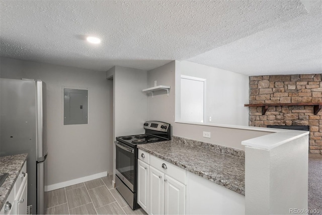 18071 E Kentucky Ave Unit 203, Aurora, CO 80017 - kitchen featuring appliances with stainless steel finishes, electric panel, white cabinetry, a textured ceiling, and baseboards