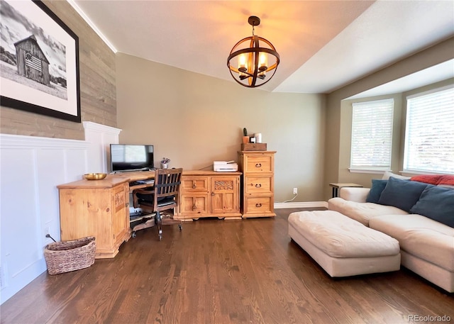 office area featuring baseboards, dark wood-style flooring, and a notable chandelier