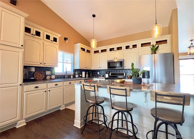 kitchen with appliances with stainless steel finishes, vaulted ceiling, backsplash, and dark wood-style floors