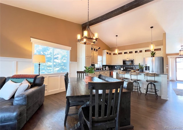 dining area with lofted ceiling with beams, dark wood-type flooring, a wainscoted wall, and a decorative wall