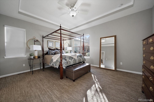 bedroom featuring a raised ceiling and ceiling fan