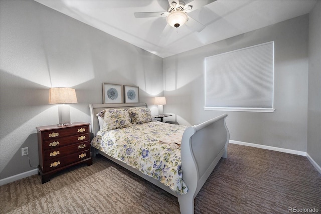 bedroom featuring ceiling fan and dark colored carpet