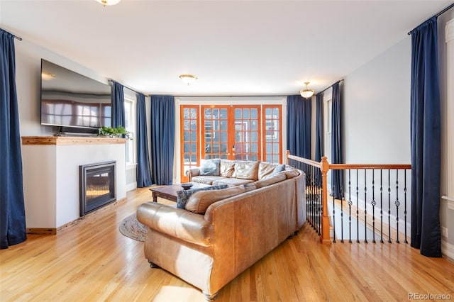 living room featuring french doors, light wood-type flooring, and a wealth of natural light