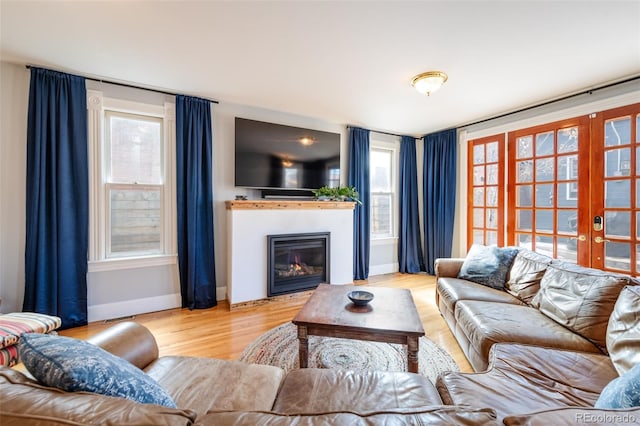 living room featuring french doors and light hardwood / wood-style floors