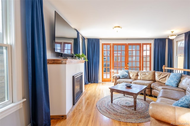 living room featuring french doors and light wood-type flooring