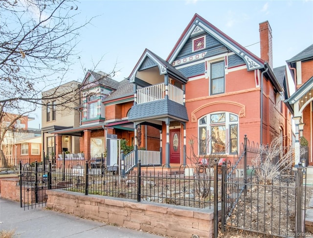 victorian-style house with a fenced front yard and a balcony