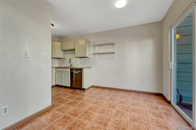 kitchen with light tile patterned floors, open shelves, light countertops, green cabinets, and a sink