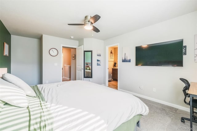 4026 Tiberias Pt, Colorado Springs, CO 80916 - bedroom with connected bathroom, ceiling fan, and light colored carpet