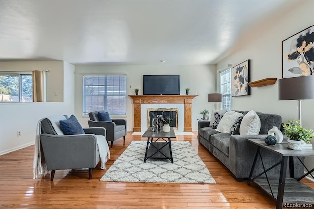 living area featuring a healthy amount of sunlight, wood-type flooring, and a fireplace with flush hearth