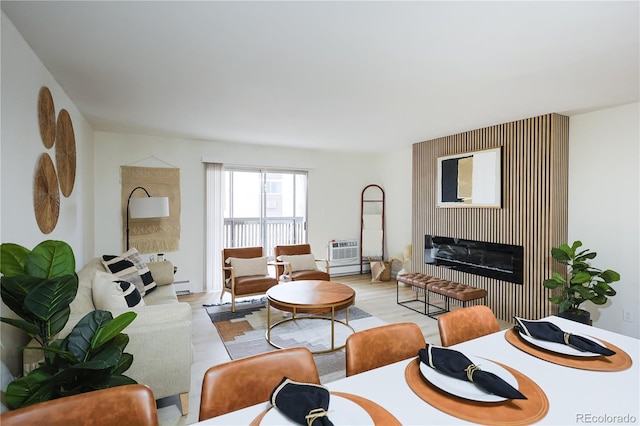 3450 S Poplar St Unit 307, Denver, CO 80224 - living area with a baseboard radiator, a glass covered fireplace, and light wood-type flooring