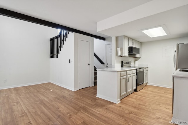 kitchen with appliances with stainless steel finishes, light wood-style flooring, light countertops, and baseboards