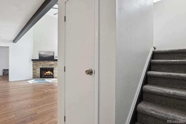 staircase with wood finished floors and a fireplace
