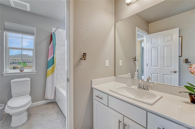23957 E Rocky Top Ave, Aurora, CO 80016 - full bath featuring vanity, shower / bathtub combination with curtain, a textured wall, and tile patterned flooring