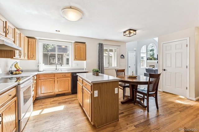 kitchen featuring a wealth of natural light, a center island, light hardwood / wood-style floors, white range with electric cooktop, and sink