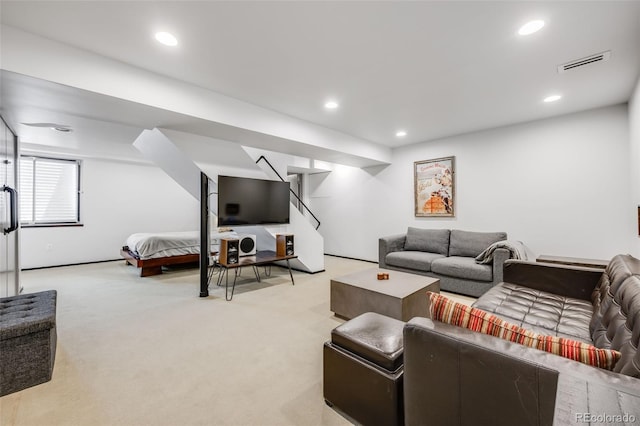 2801 Lawrence St, Denver, CO 80205 - living room with light carpet and recessed lighting