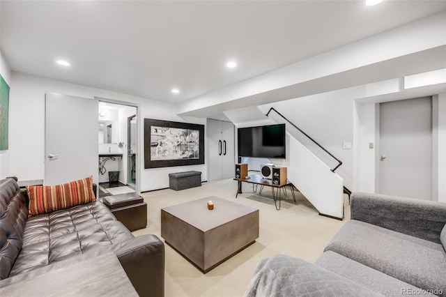2801 Lawrence St, Denver, CO 80205 - carpeted living area featuring stairs and recessed lighting