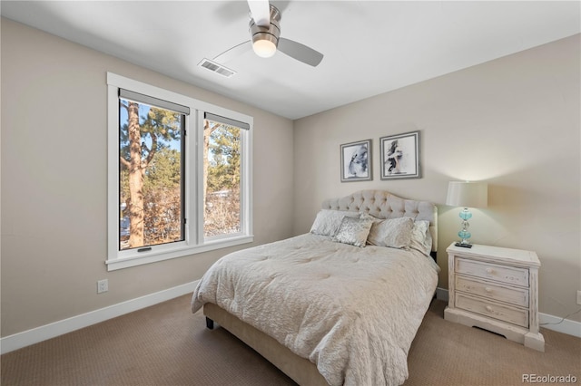 bedroom with light colored carpet and ceiling fan