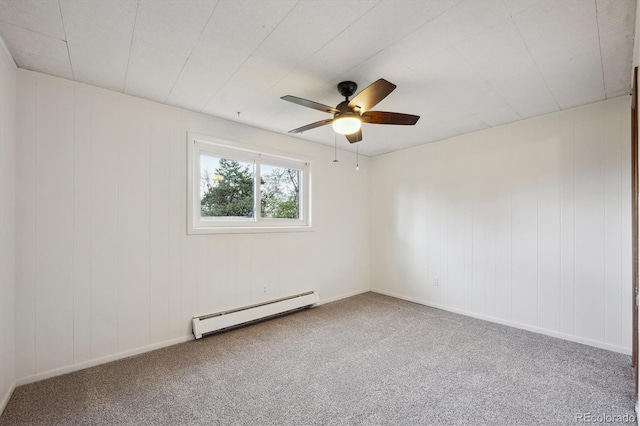 unfurnished room featuring a baseboard radiator, carpet, and ceiling fan